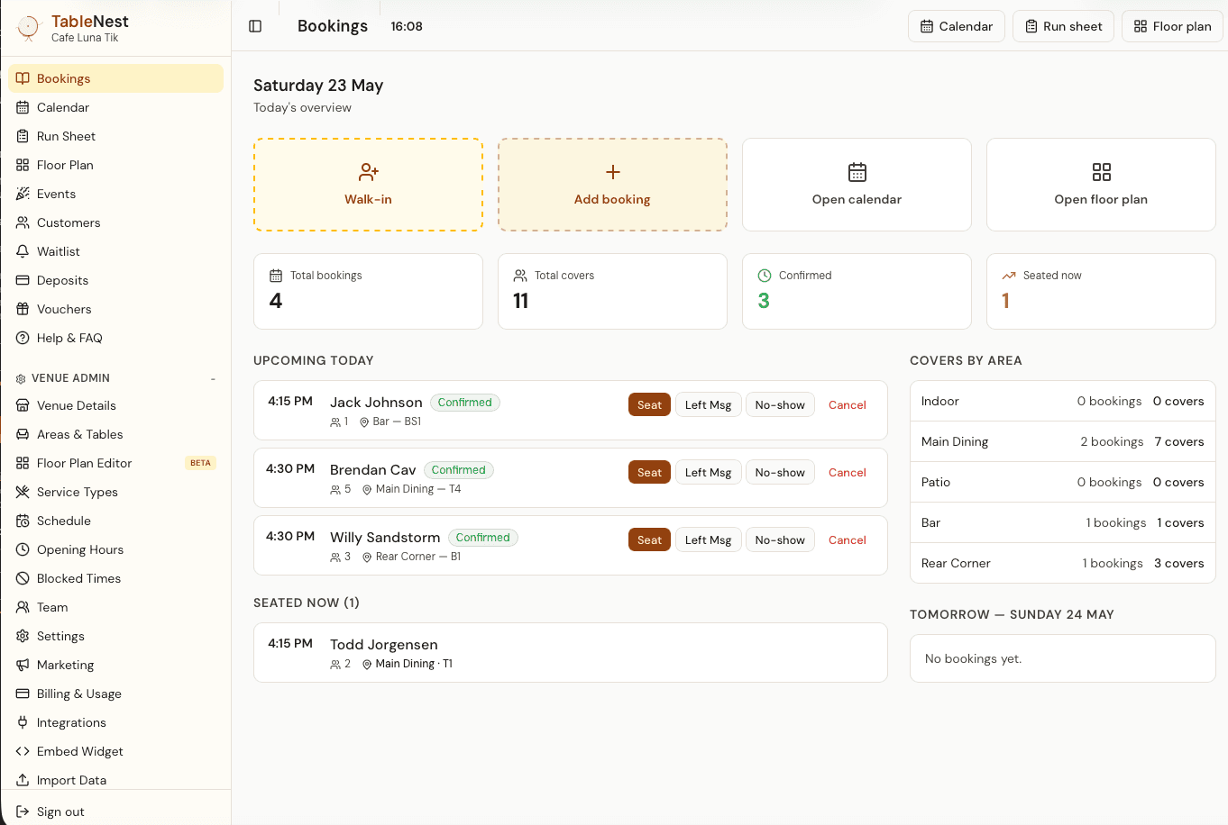 TableNest bookings dashboard showing a venue's daily covers, seating, and run sheet