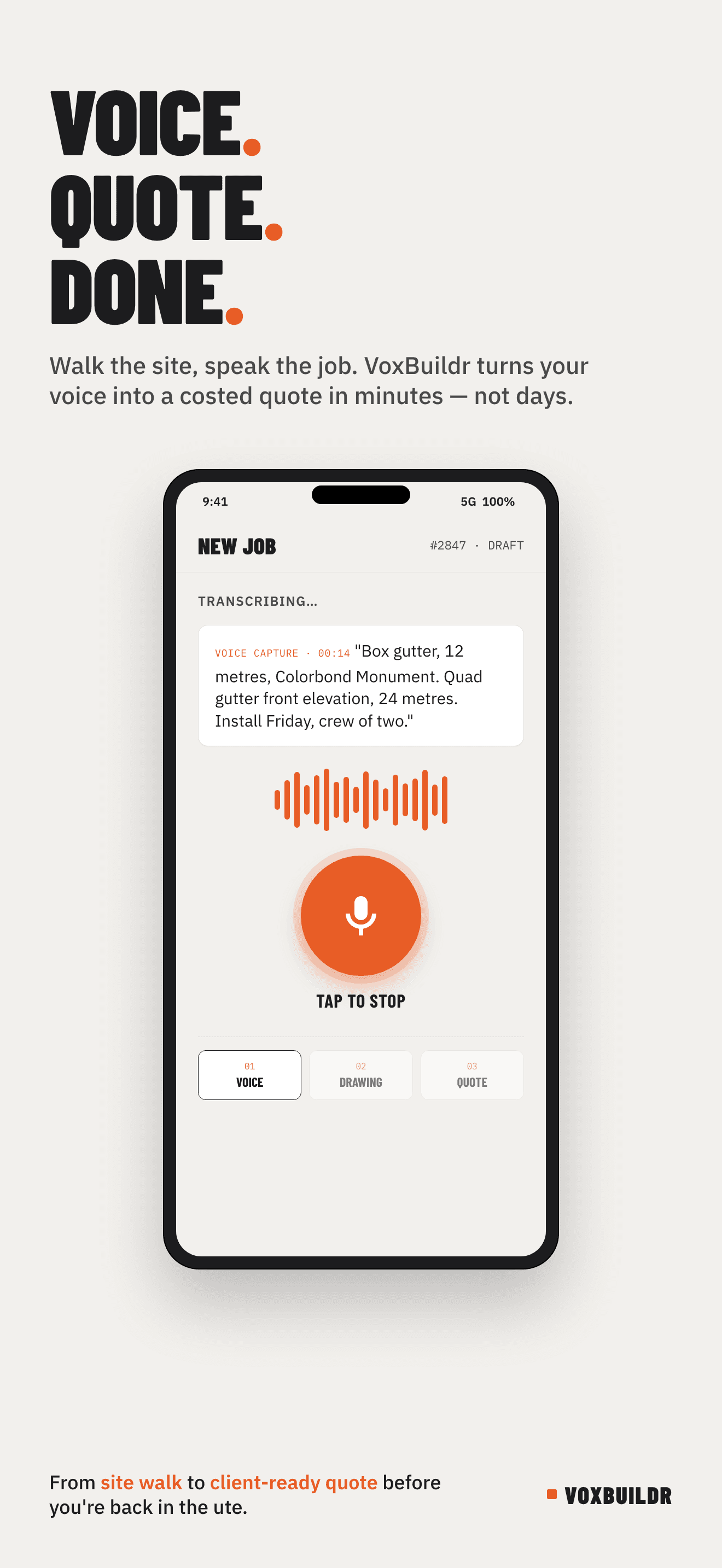 VoxBuildr mobile app turning a spoken job description into a quote